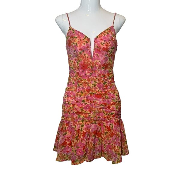 ASTR the Label Women Anthropologie Meg Ruched Mini Dress Floral Small Size Pink - Picture 3 of 14